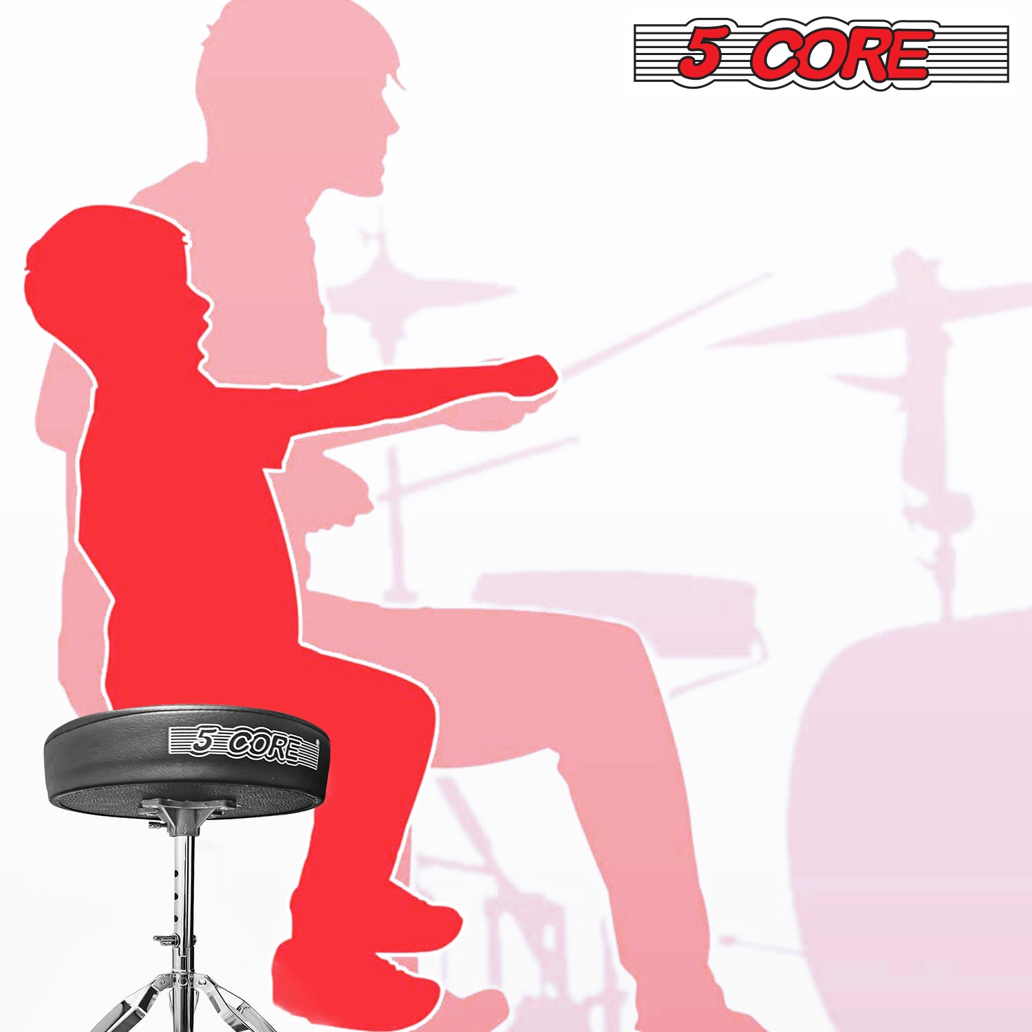 5Core Drum Throne featuring high-density memory foam and adjustable height for drummers, showcasing its sturdy design and comfort.